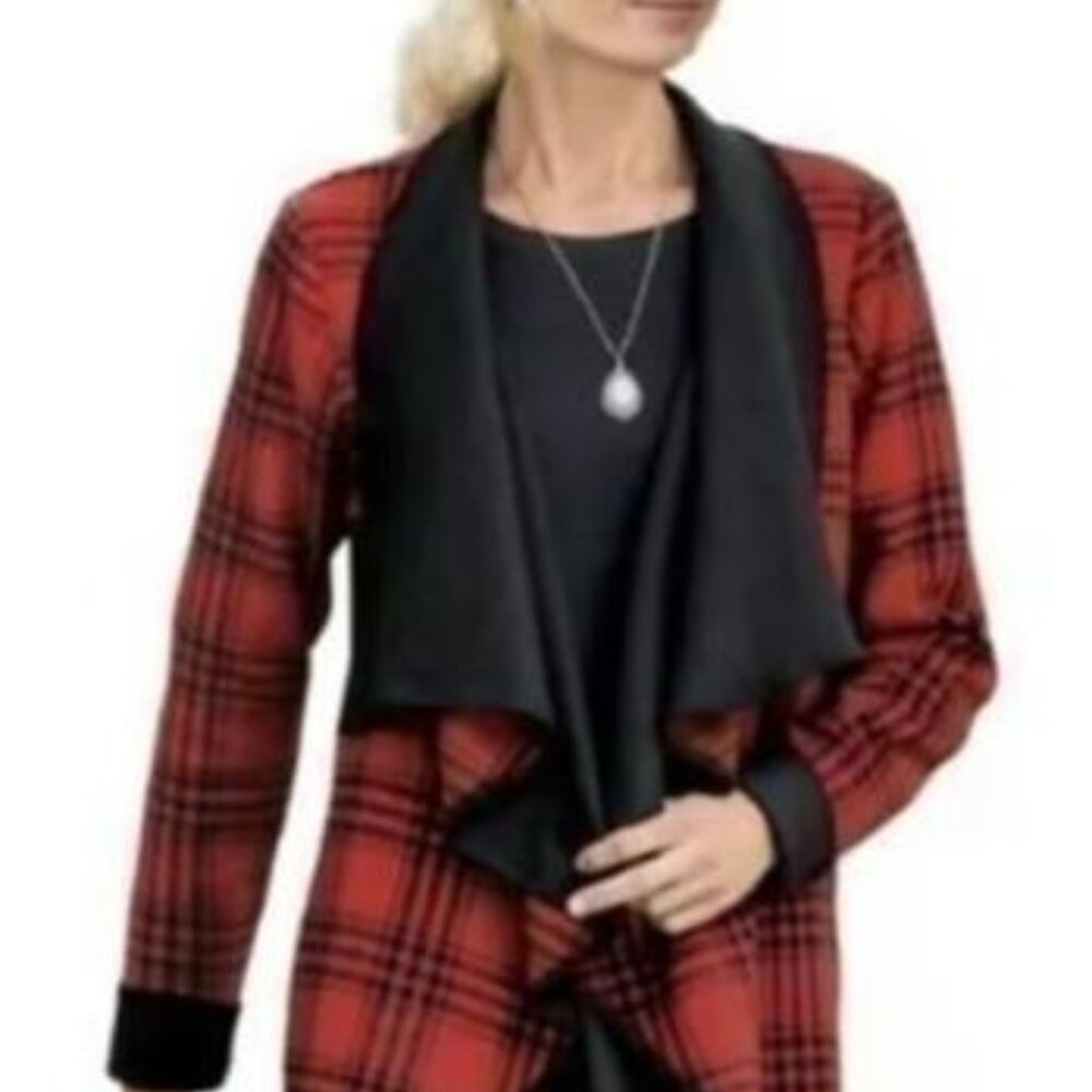 Soft Surroundings Red Black Windowpane Plaid Topper Size‎ M